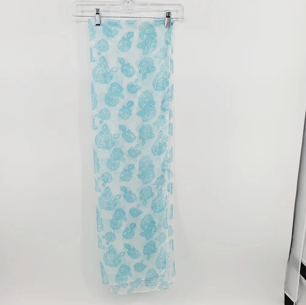 New York & Co Blue Rose Print Sheer Oblong Scarf Floral Wrap 70